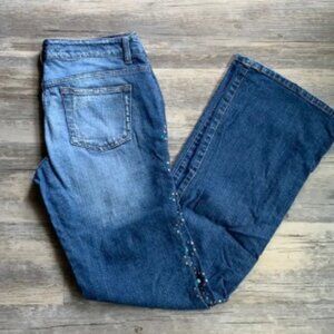 Women's Celebrity Pink Distressed And Studded With Stones Flare Bottom Jeans 28